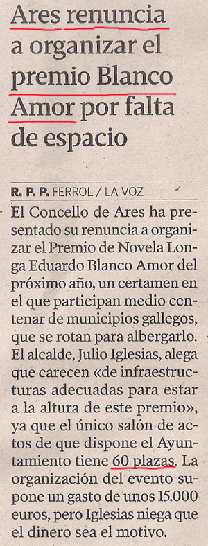 2013-12-13- La Voz de Galicia- Premio Blanco Amor en Ares 300